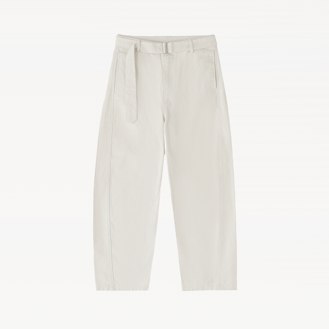 Twisted-Seam Belted Curved-Blade Pants
